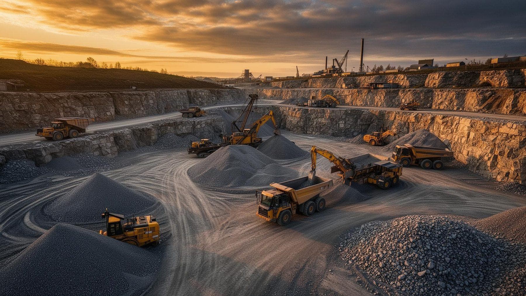 Aggregate quarry with loader and haul truck at work
