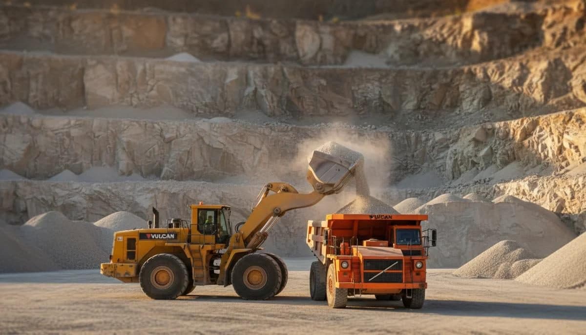 Wheel loader charging a haul truck at an aggregate quarry