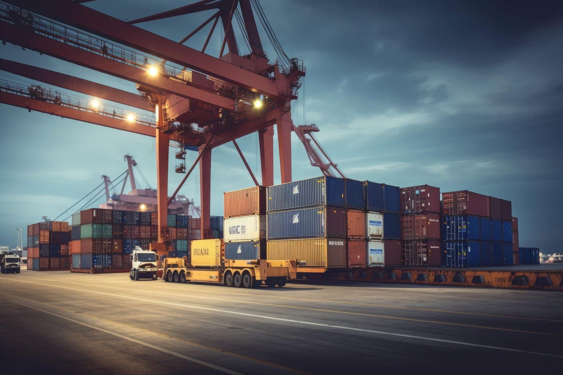 Gantry crane loading containers onto a truck chassis