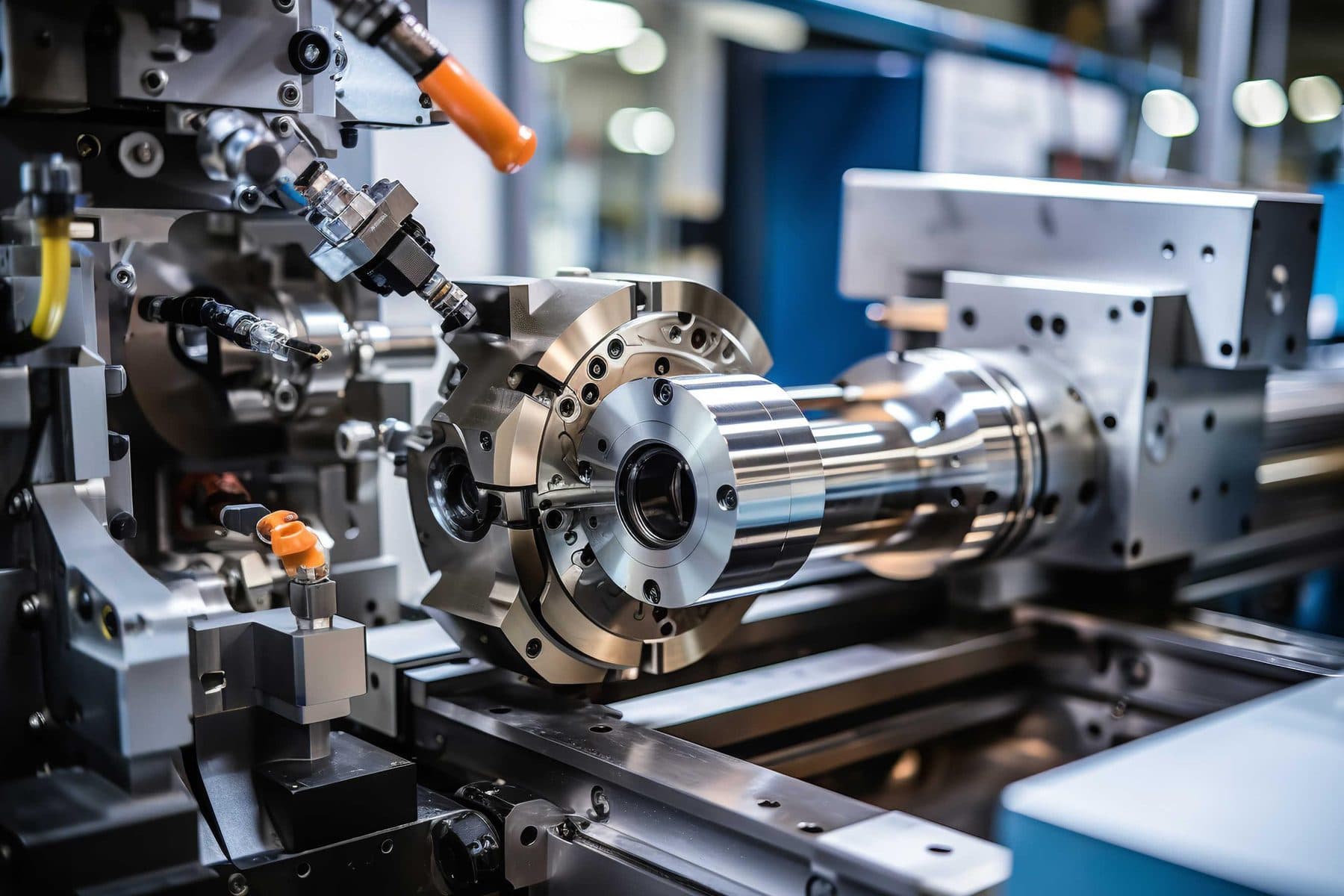 Close detail of machined components on a production line