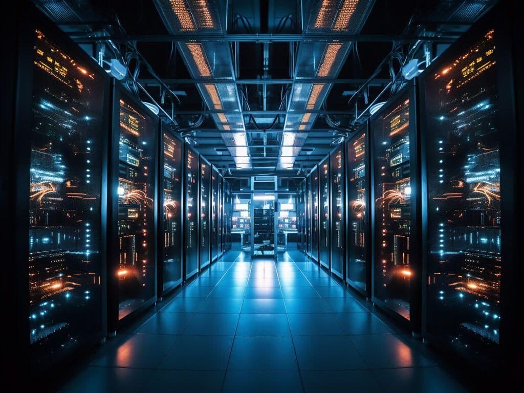 Data center aisle lined with illuminated server racks